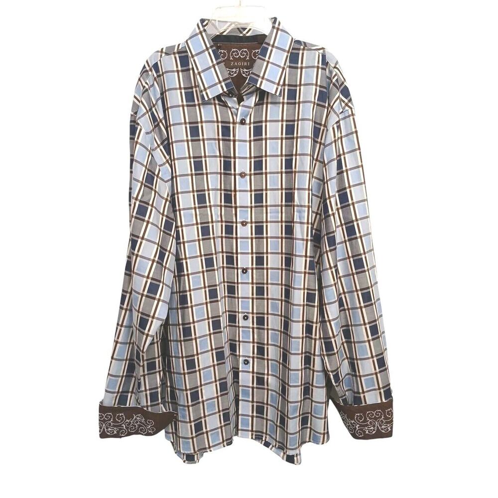 Zagiri Luxury Plaid Checkered Shirt Size 3XL Blue Embroidered Flip‎ Cuffs Modern